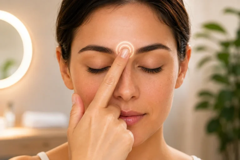 Femme réalisant un point d’acupression entre les sourcils dans une ambiance bien-être lumineuse et chaleureuse avec peau éclatante et focus sur le geste.