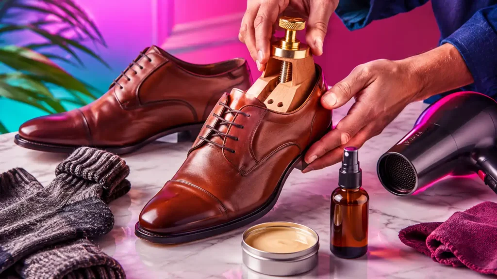 Chaussures en cuir marron avec embauchoir, chaussettes épaisses, spray assouplissant et soin cuir dans un décor coloré.