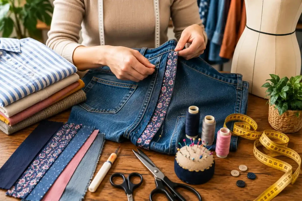 Mains agrandissant un jean avec une bande de tissu fleurie dans un atelier de couture coloré avec mètre ruban, fils et ciseaux.