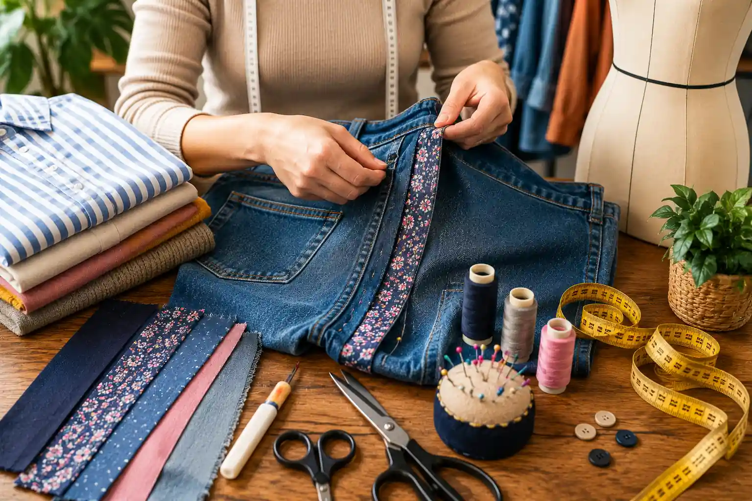 Mains agrandissant un jean avec une bande de tissu fleurie dans un atelier de couture coloré avec mètre ruban, fils et ciseaux.