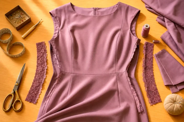 Robe trop serrée en cours de retouche avec panneaux de dentelle et outils de couture sur une table lumineuse aux couleurs vives.