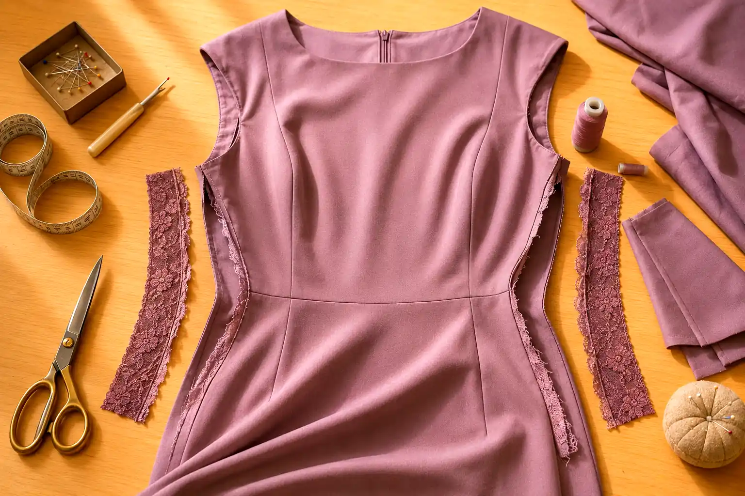 Robe trop serrée en cours de retouche avec panneaux de dentelle et outils de couture sur une table lumineuse aux couleurs vives.