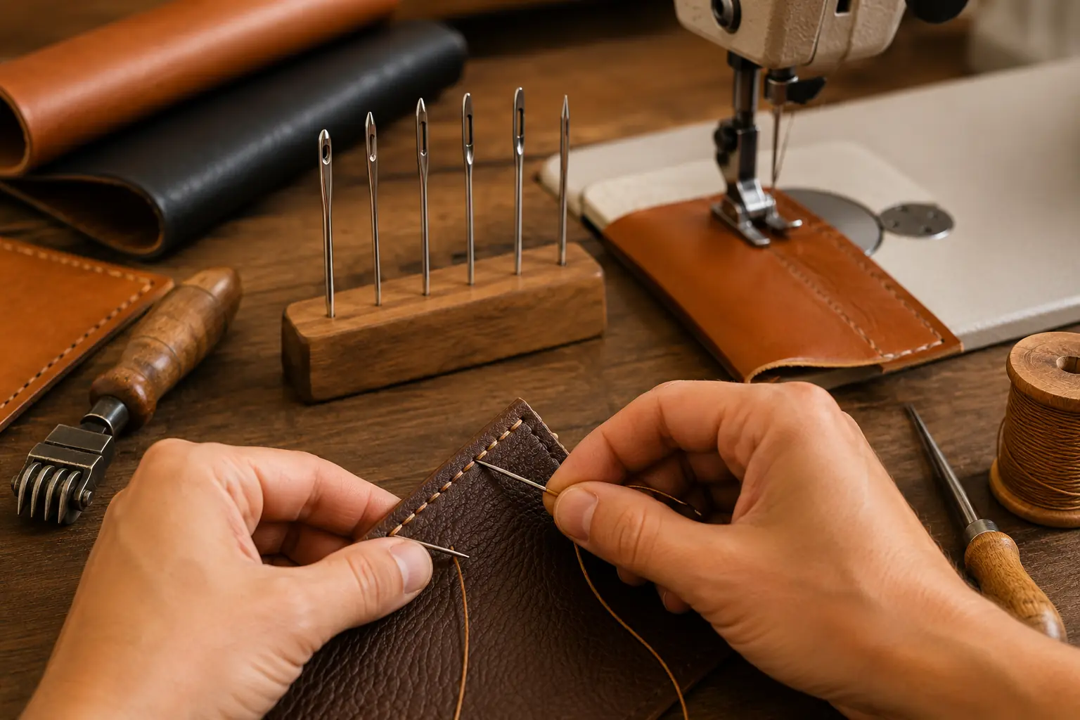 Mains cousant du cuir avec une aiguille sellier dans un atelier de maroquinerie avec outils et machine à coudre.