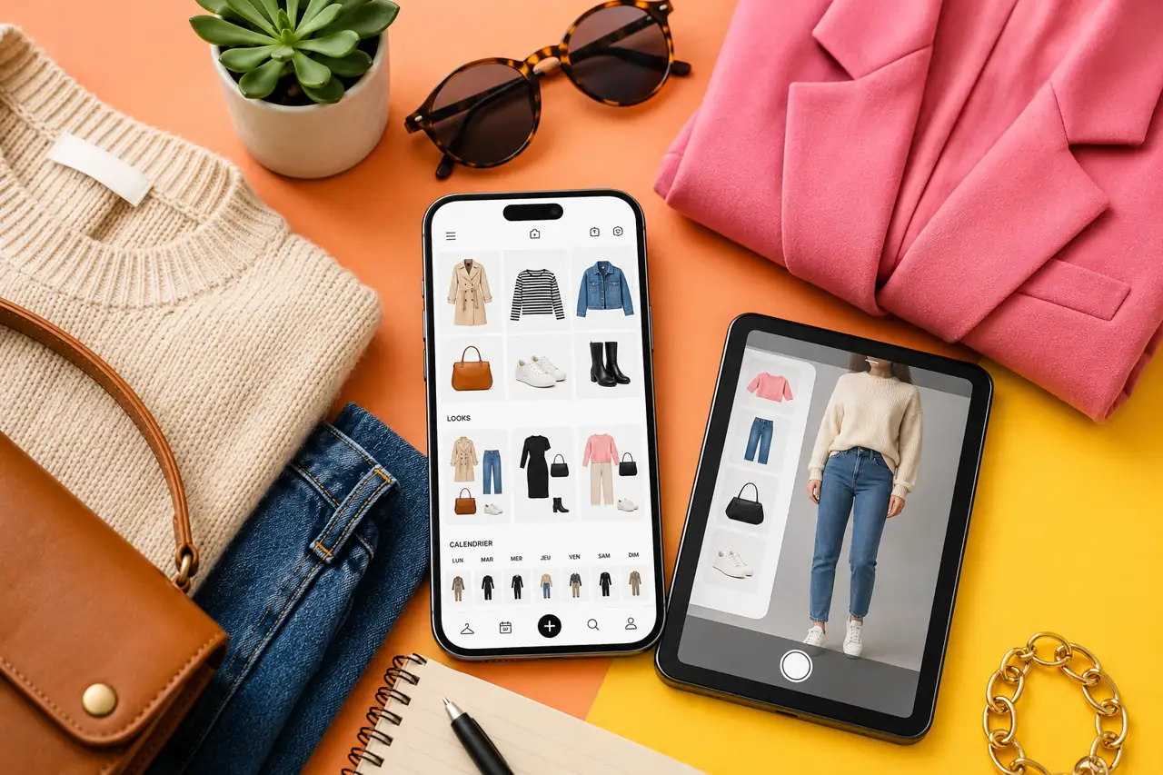 Smartphone affichant une application mode avec tenues virtuelles, vêtements et accessoires colorés en flat lay.