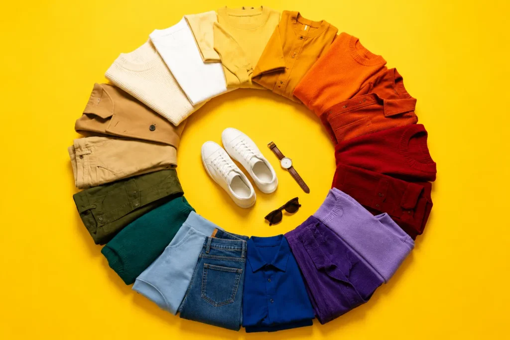 Vêtements colorés disposés en cercle chromatique sur fond jaune vif avec accessoires mode au centre.