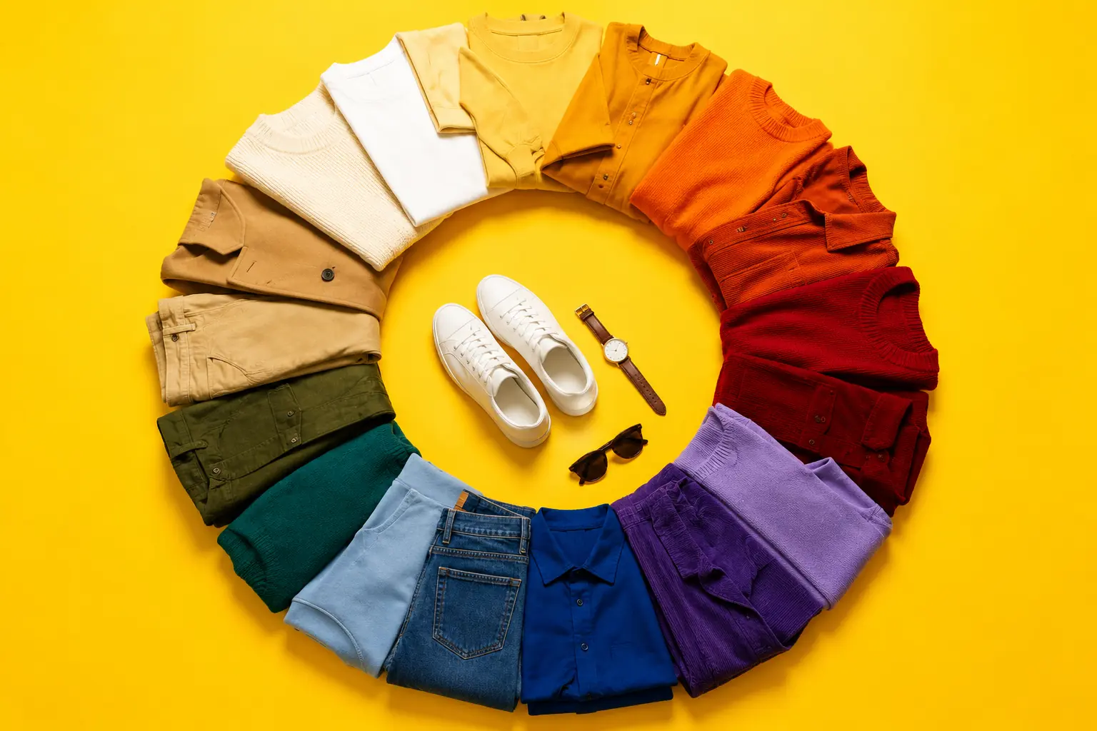 Vêtements colorés disposés en cercle chromatique sur fond jaune vif avec accessoires mode au centre.