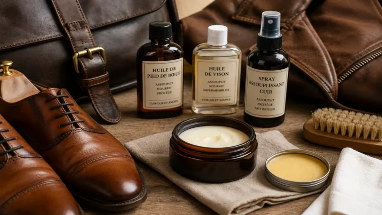 Chaussures, sac et veste en cuir avec produits nourrissants et accessoires d’entretien sur une table en bois.