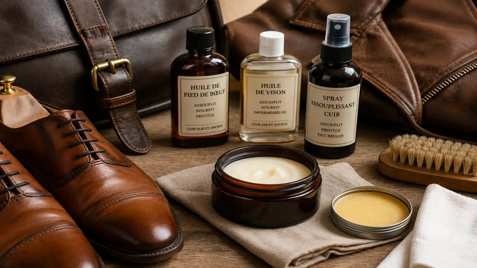 Chaussures, sac et veste en cuir avec produits nourrissants et accessoires d’entretien sur une table en bois.