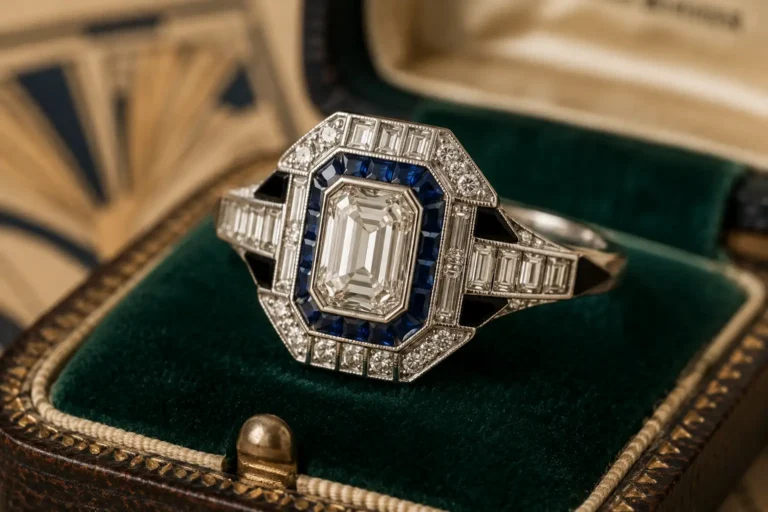 Bague style Art Déco avec diamant central, saphirs bleus et détails géométriques sur écrin en velours vert.