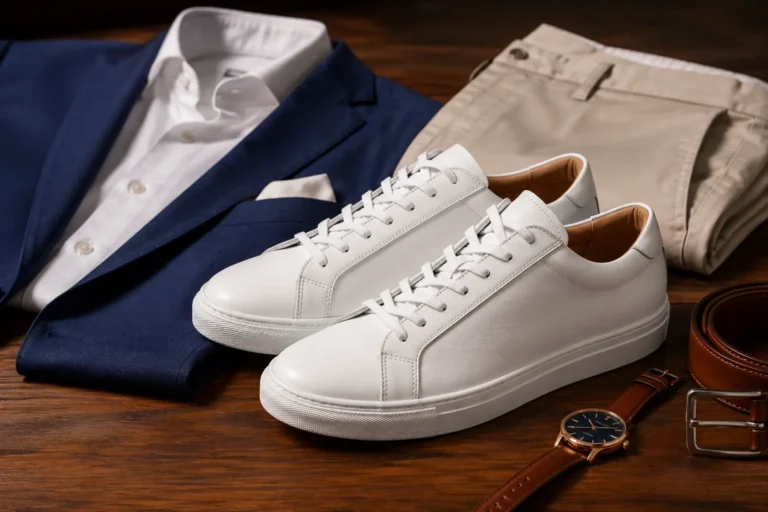 Baskets homme habillées blanches en cuir associées à une tenue casual chic avec blazer bleu marine et pantalon beige.