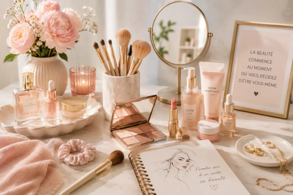Composition beauté élégante avec soins, maquillage, pinceaux, miroir et fleurs dans une ambiance pastel lumineuse.