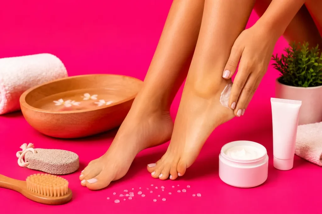 Routine beauté pour avoir de beaux pieds avec crème hydratante et soins spa sur fond rose vif