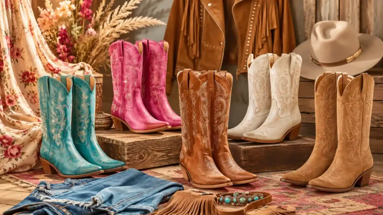 Image de bottes style santiag femme colorées avec broderies western, disposées dans une ambiance bohème avec jean, chapeau, veste à franges et accessoires western.