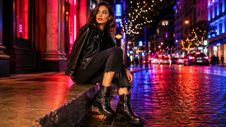 Femme portant des bottines femme style motard noires dans une rue urbaine illuminée avec ambiance néon et look biker moderne.
