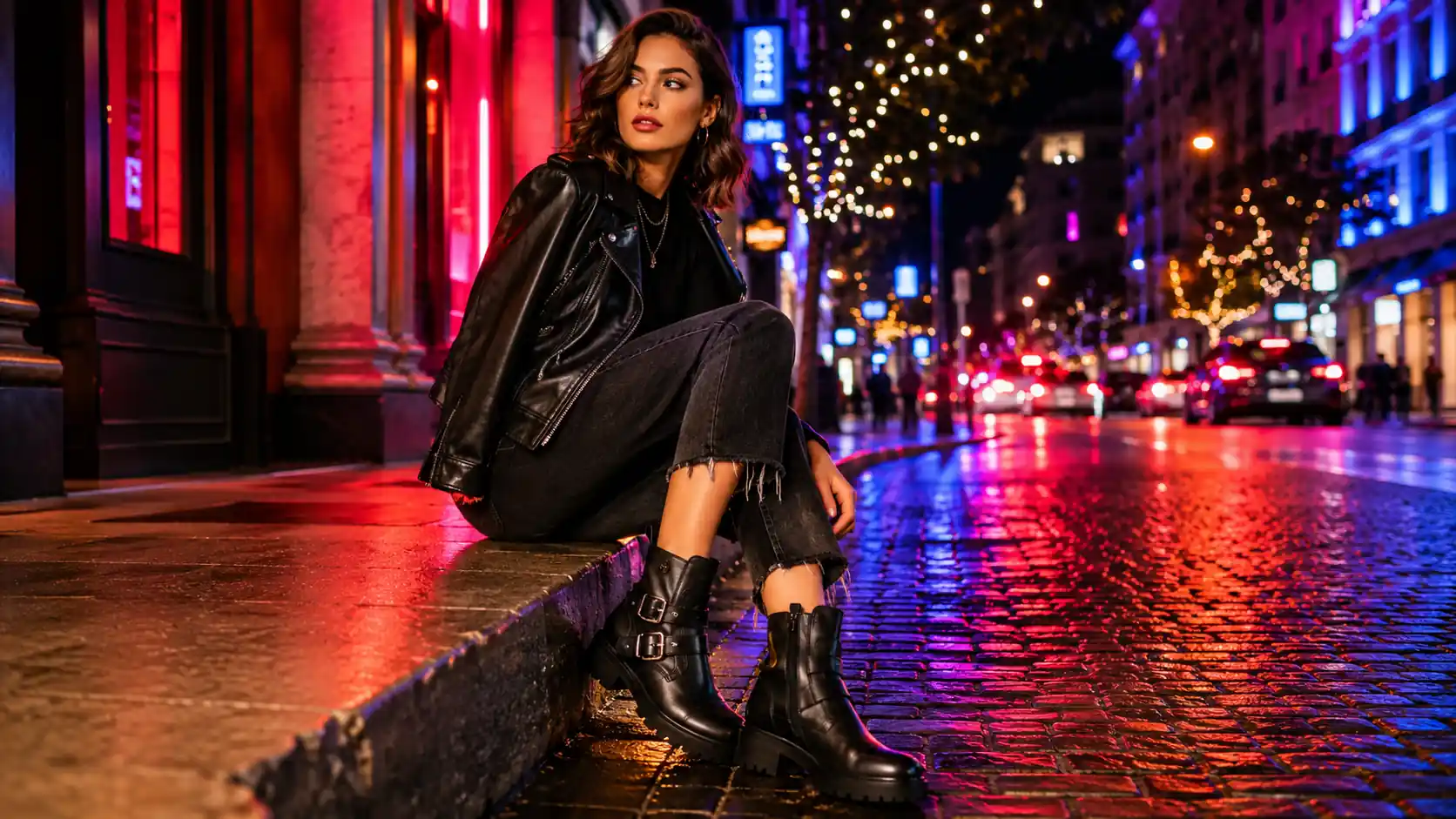Femme portant des bottines femme style motard noires dans une rue urbaine illuminée avec ambiance néon et look biker moderne.