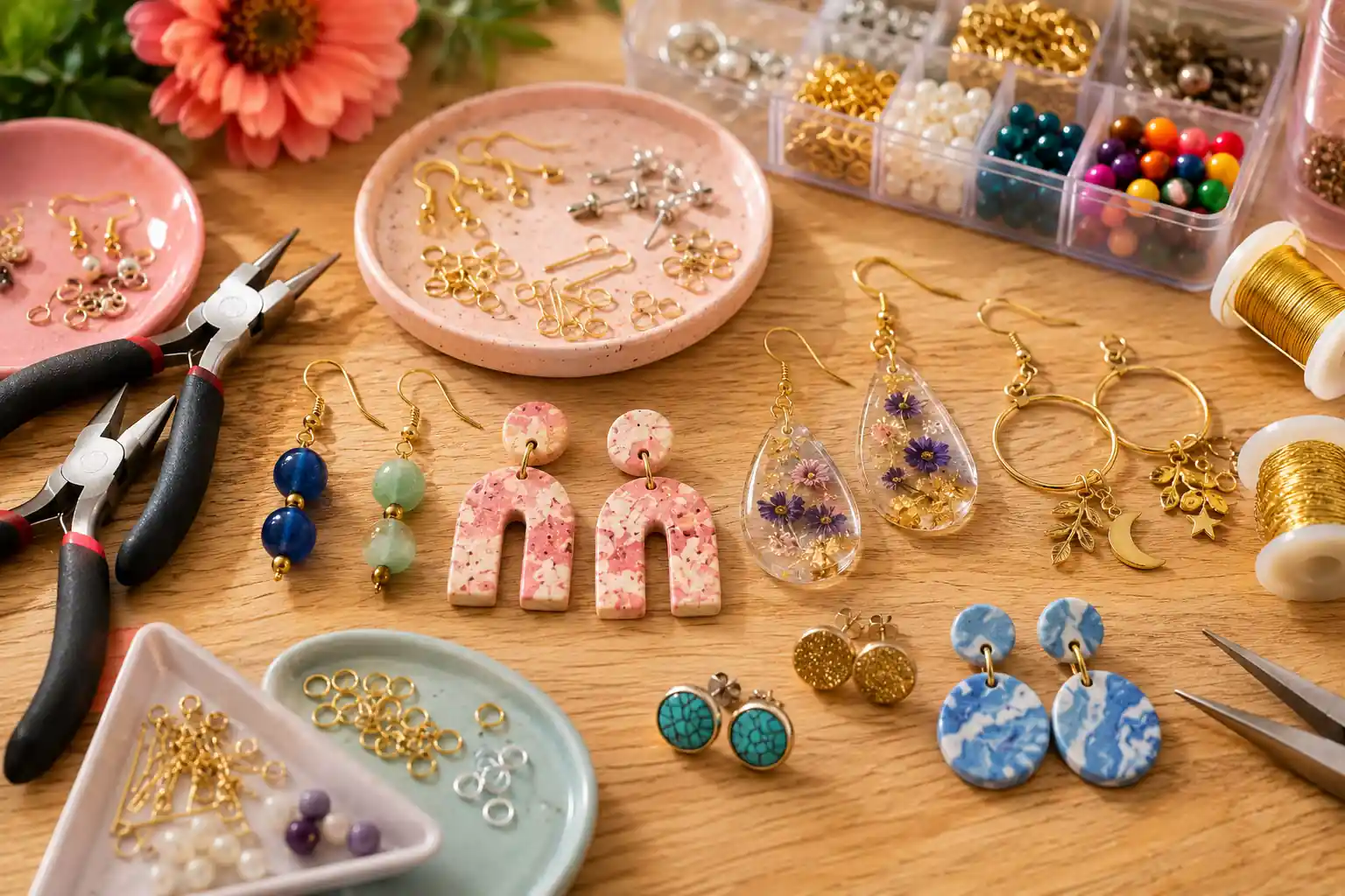Atelier créatif avec boucles d’oreilles faites maison, perles colorées, apprêts dorés et pinces à bijoux.