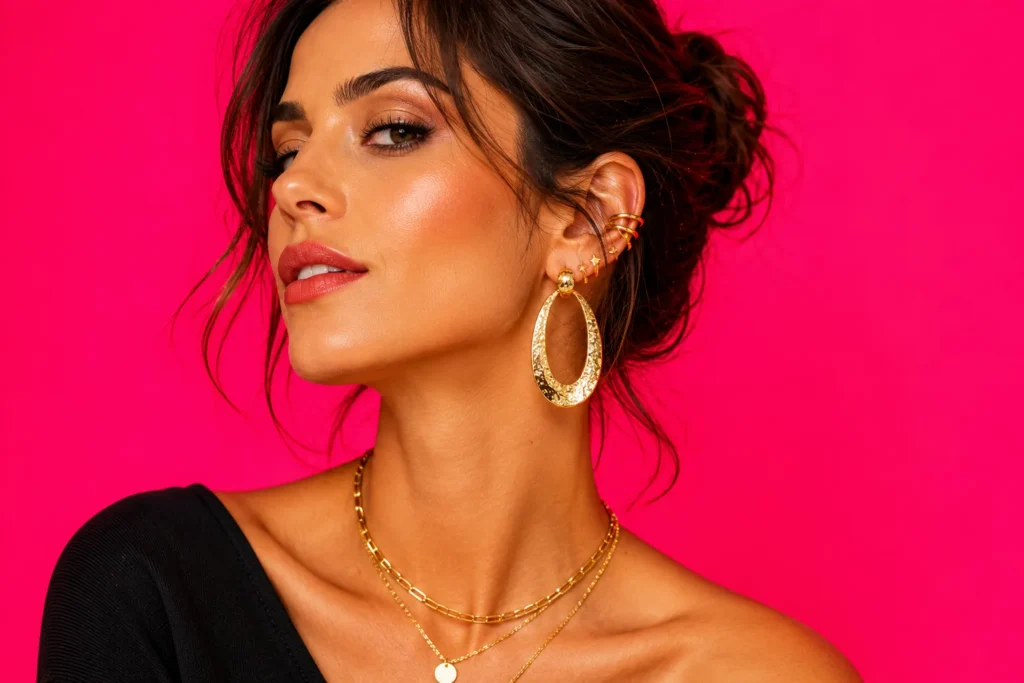 Femme élégante portant des boucles d’oreilles tendance dorées avec créole XXL et ear cuff sur fond rose flashy.