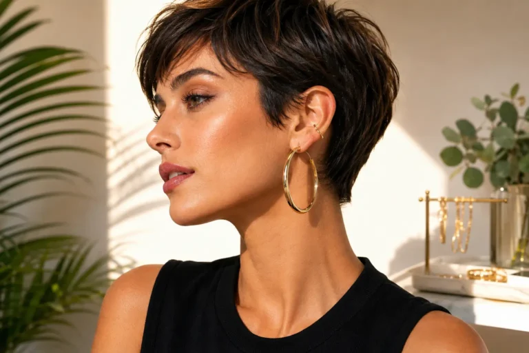 Femme aux cheveux courts portant de grandes créoles dorées brillantes dans une ambiance lumineuse et moderne aux couleurs chaudes et élégantes.