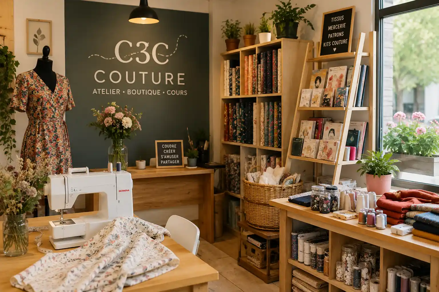 Atelier boutique de couture chaleureux avec machine à coudre, tissus, mercerie et fournitures créatives près de Bordeaux.