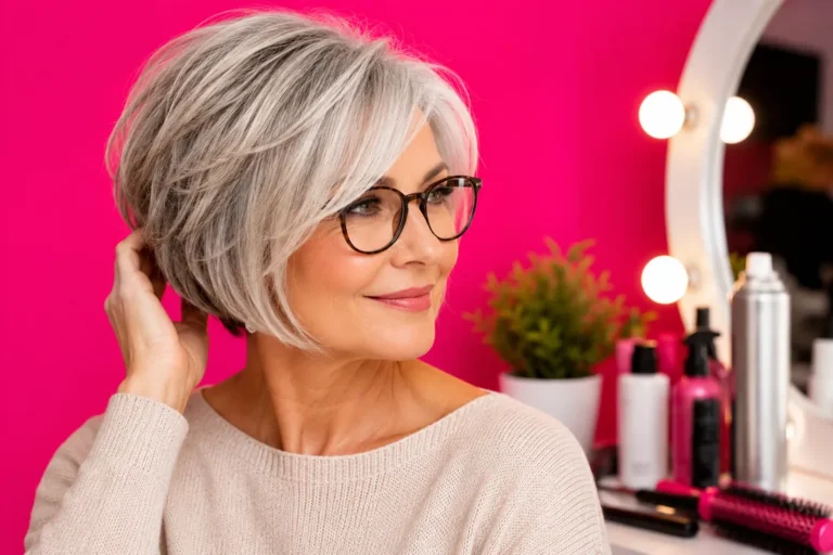 Femme de 60 ans avec carré court gris élégant et lunettes sur fond rose flashy