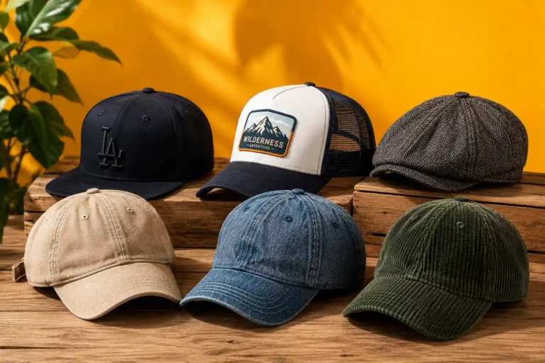 Collection de casquettes tendance colorées et texturées posées sur une table en bois avec fond jaune vif chaleureux.