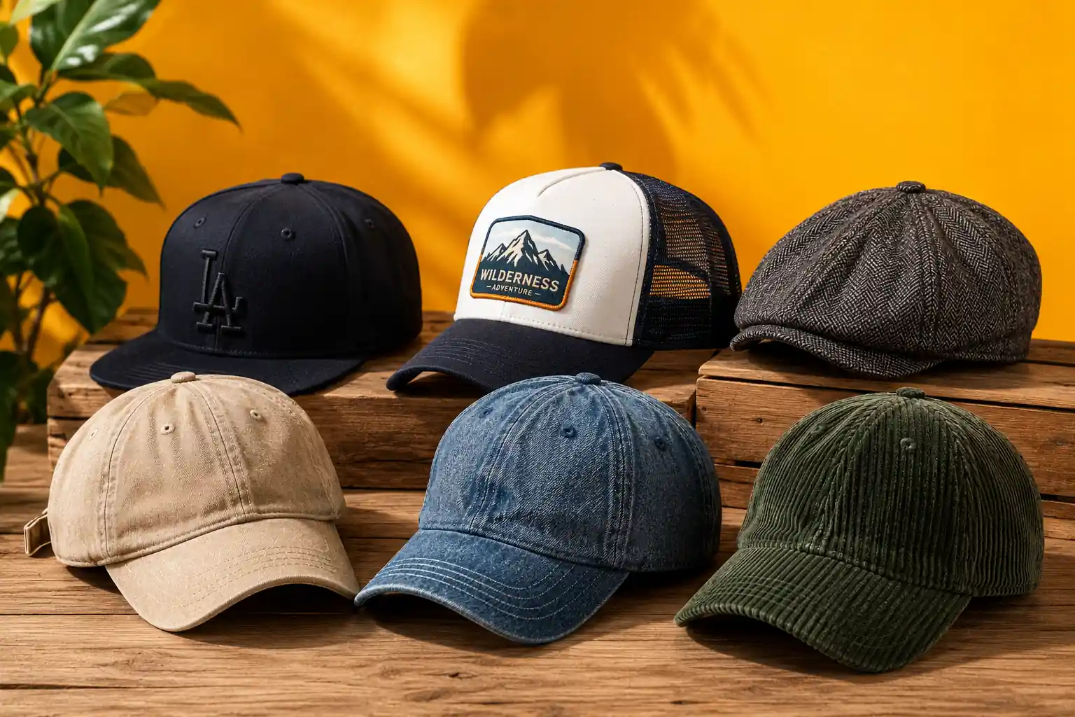 Collection de casquettes tendance colorées et texturées posées sur une table en bois avec fond jaune vif chaleureux.