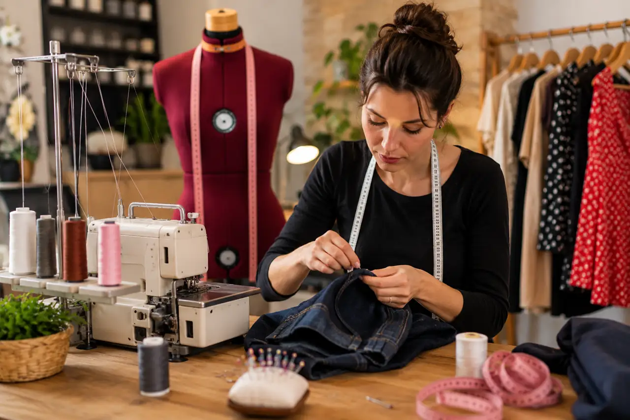 Couturière travaillant sur un jean dans un atelier de retouche avec machine à coudre, mannequin et accessoires couture.