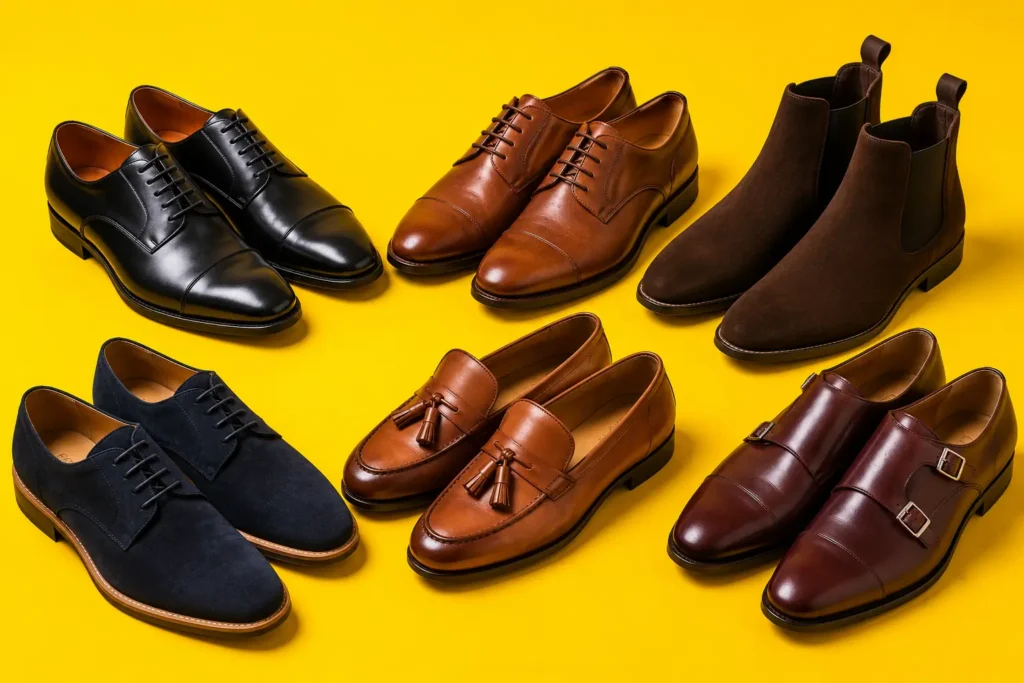 Collection de chaussures de ville homme tendance en cuir et daim sur fond jaune vif avec richelieus, derbies, mocassins et Chelsea boots.