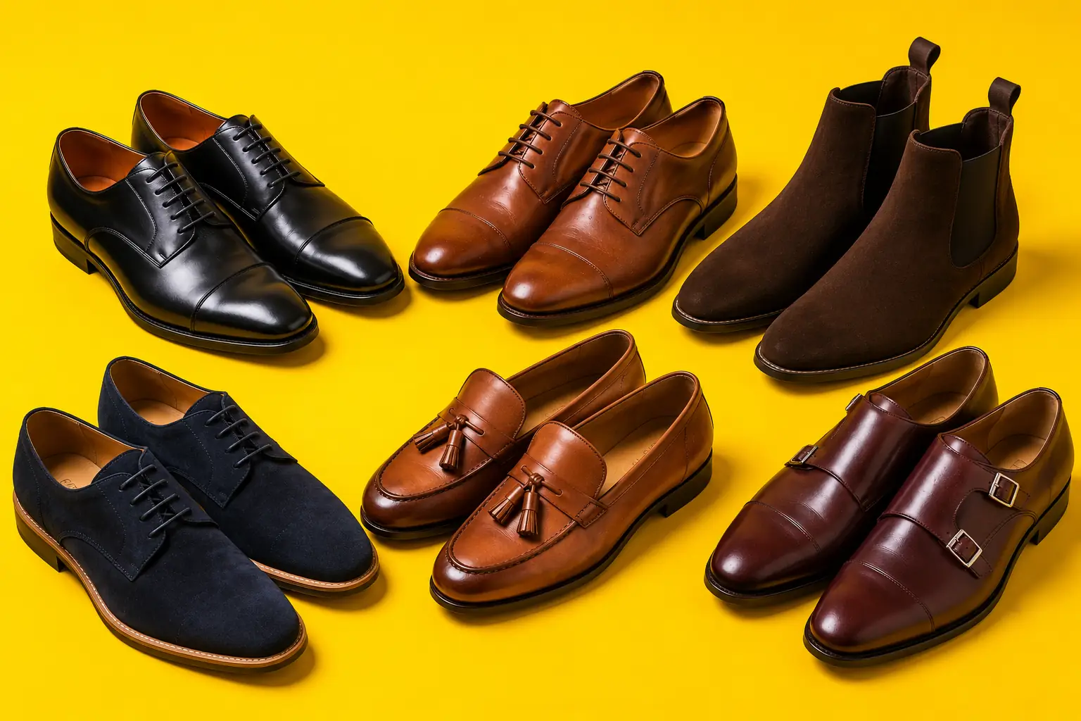 Collection de chaussures de ville homme tendance en cuir et daim sur fond jaune vif avec richelieus, derbies, mocassins et Chelsea boots.