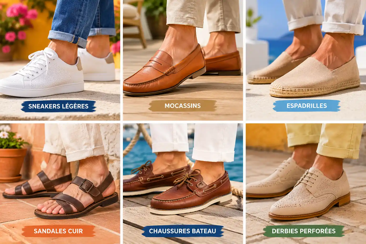 Homme portant des chaussures d’été tendance avec couleurs flash et ambiance estivale élégante
