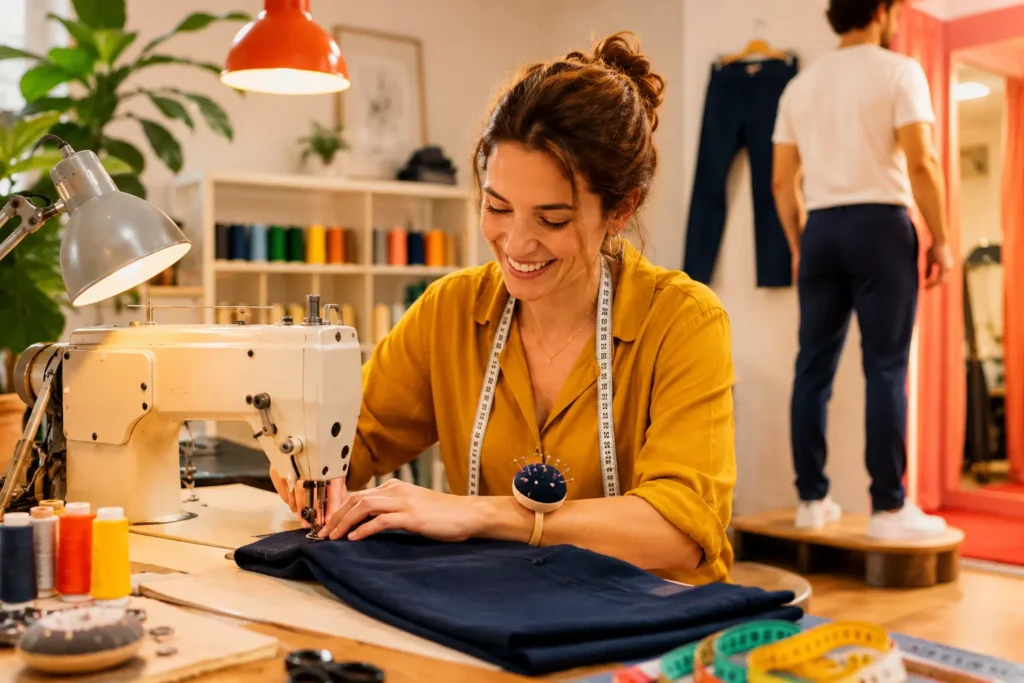 Couturière réalisant un ourlet de pantalon dans un atelier de retouche lumineux avec client en essayage.