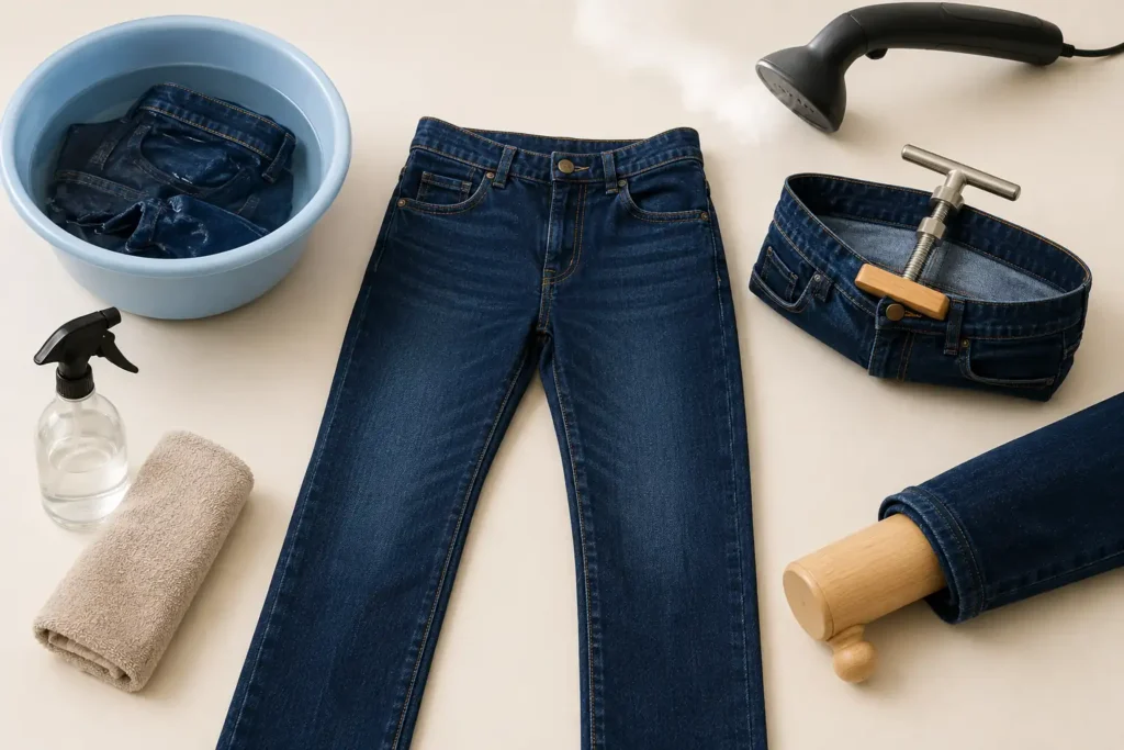 Jean trop serré avec vaporisateur, vapeur et accessoires permettant de détendre le denim sans l’abîmer.