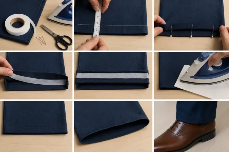 Ourlet de pantalon réalisé sans couture avec bande thermocollante, fer à repasser et accessoires de couture.