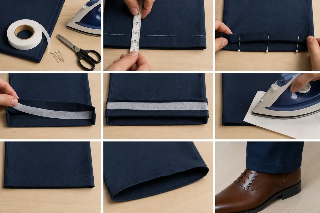 Ourlet de pantalon réalisé sans couture avec bande thermocollante, fer à repasser et accessoires de couture.
