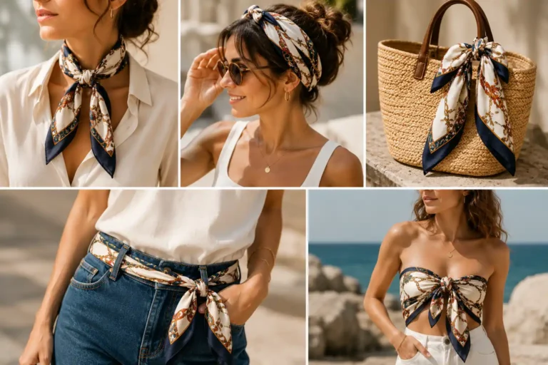 Femme portant un foulard en soie de plusieurs façons avec une tenue chic estivale et des couleurs lumineuses.