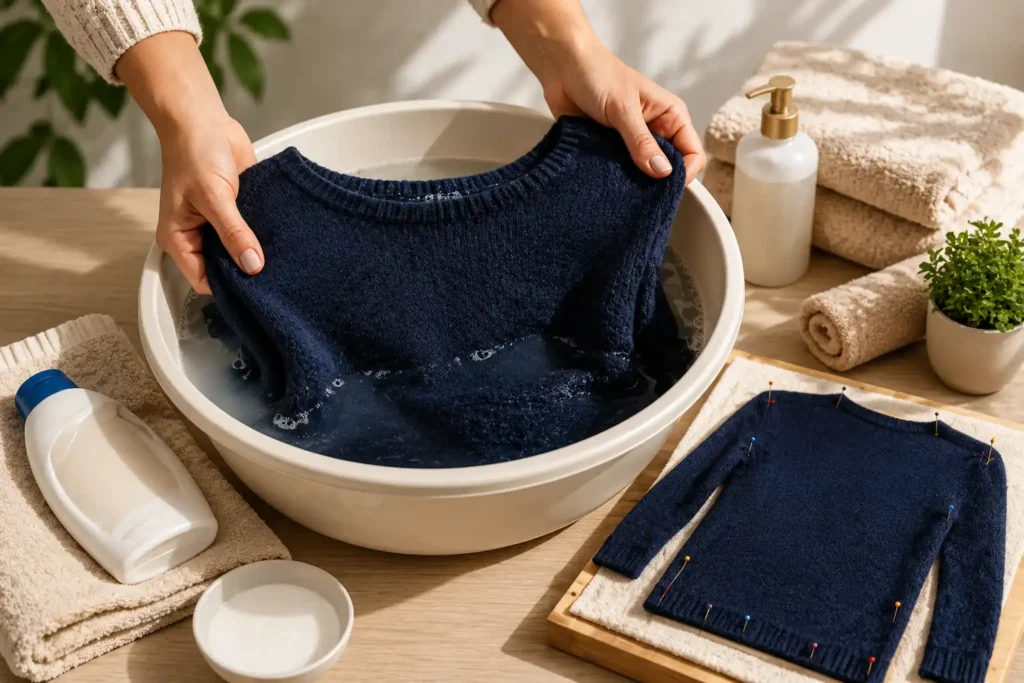 Pull en laine rétréci en cours d’étirement dans une bassine avec méthode douce à l’après-shampoing