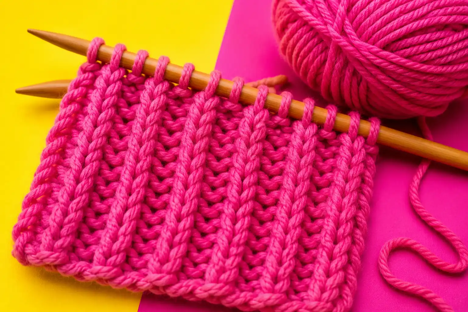 Échantillon de côte anglaise en tricot rose vif sur aiguilles en bois avec pelote assortie et fond jaune flashy.