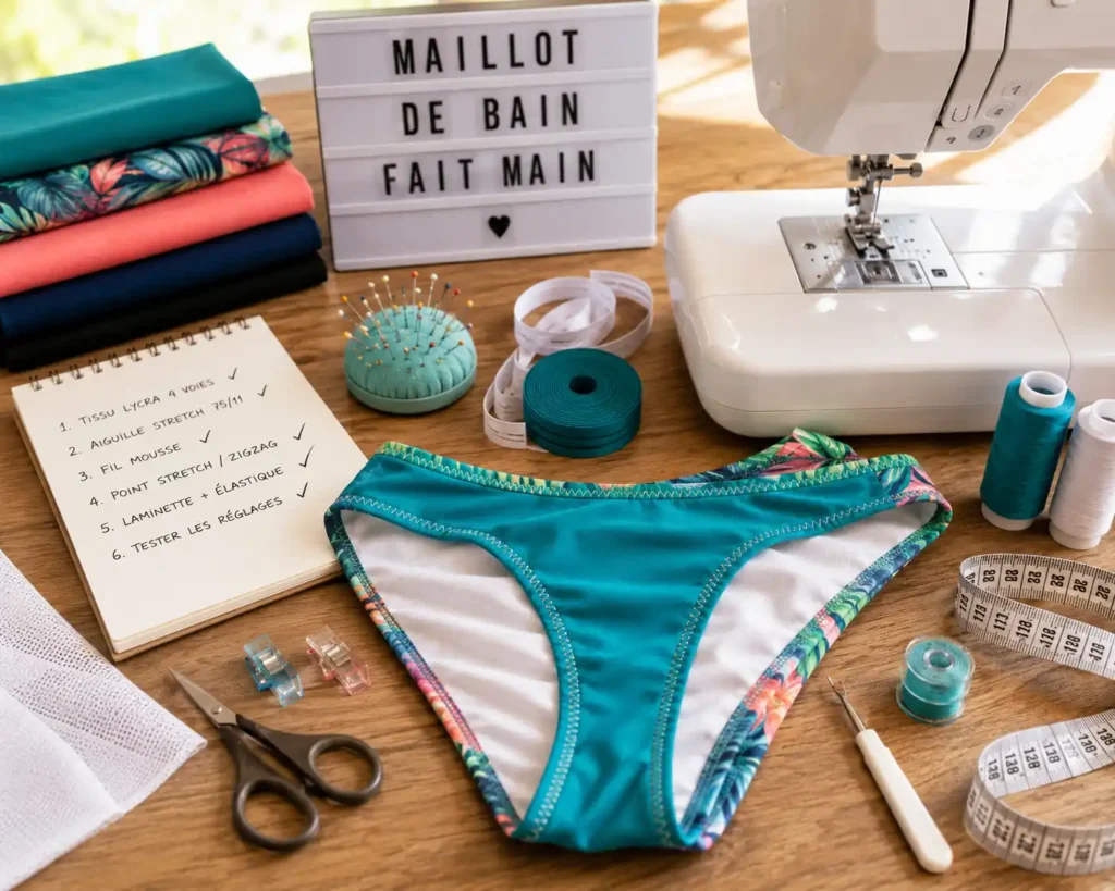 Atelier couture lumineux avec maillot de bain turquoise en cours de confection, tissu Lycra coloré, machine à coudre et accessoires.