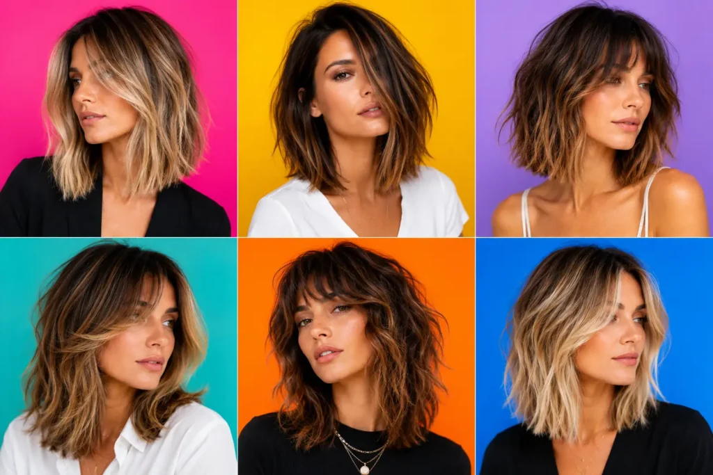 Coupe de cheveux femme mi-long tendance 2026 avec style wavy moderne sur fond flashy coloré