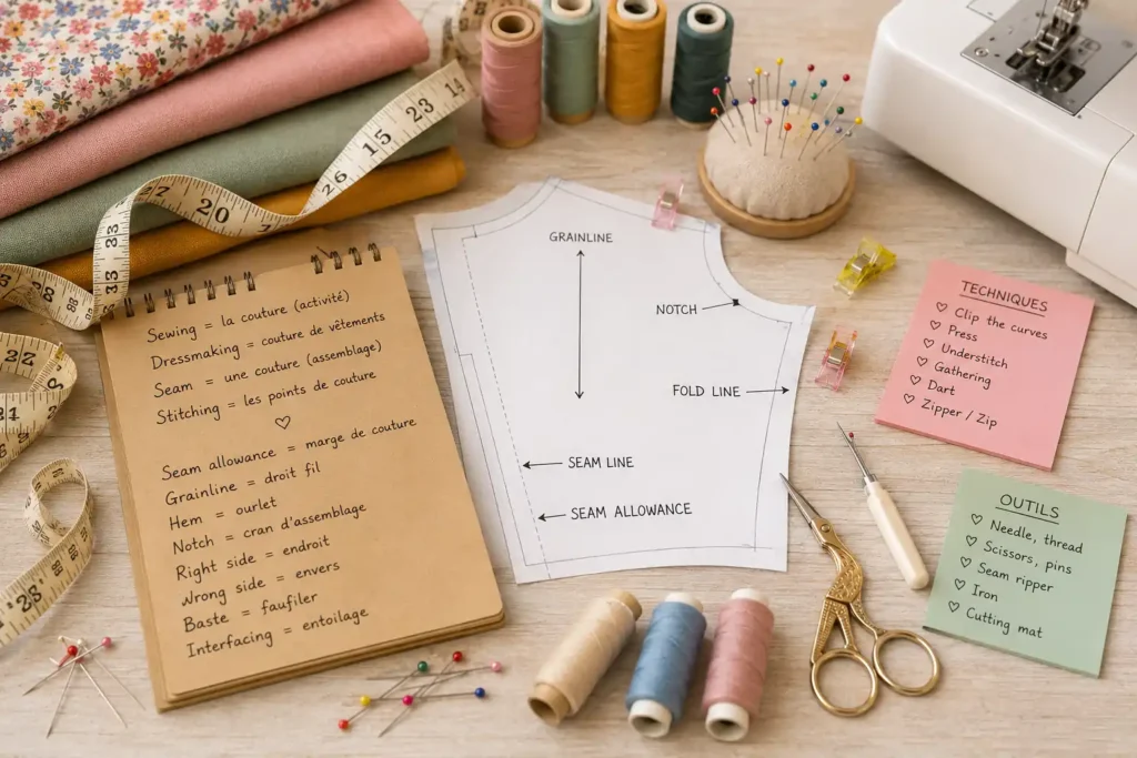 Espace de couture avec machine, tissus, fils, patron et accessoires pour apprendre le vocabulaire anglais de la couture.