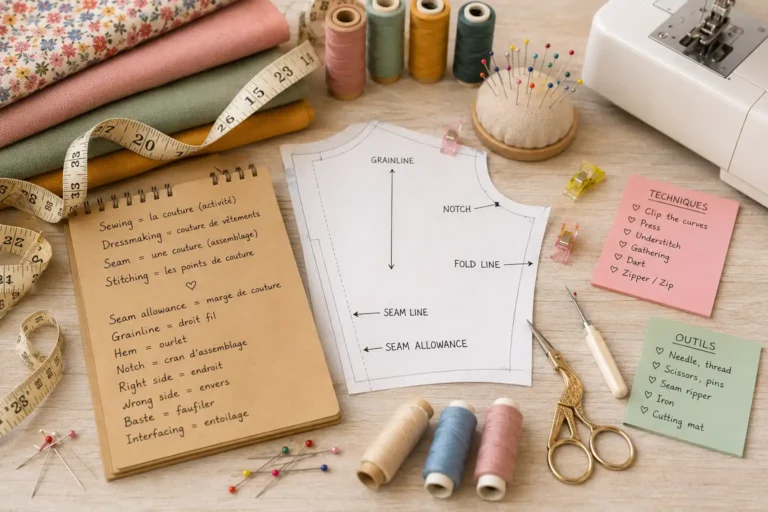 Espace de couture avec machine, tissus, fils, patron et accessoires pour apprendre le vocabulaire anglais de la couture.