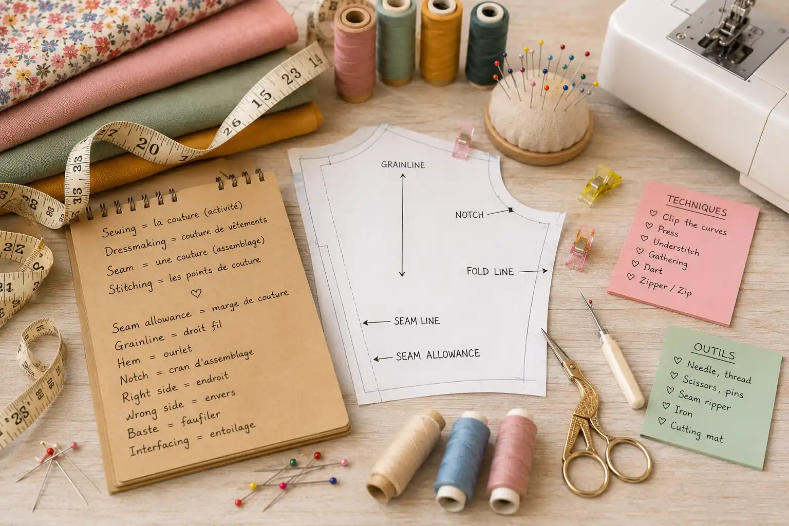 Espace de couture avec machine, tissus, fils, patron et accessoires pour apprendre le vocabulaire anglais de la couture.