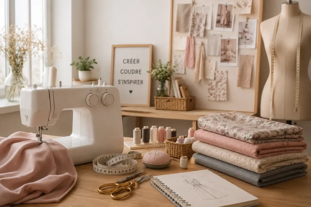 Atelier couture chaleureux avec machine à coudre, tissus, bobines, carnet de croquis et mannequin de couture.