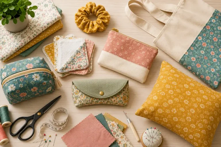 Accessoires et projets de couture faciles colorés disposés sur une table en bois avec tissus floraux, tote bag, trousse, coussin et outils de couture.