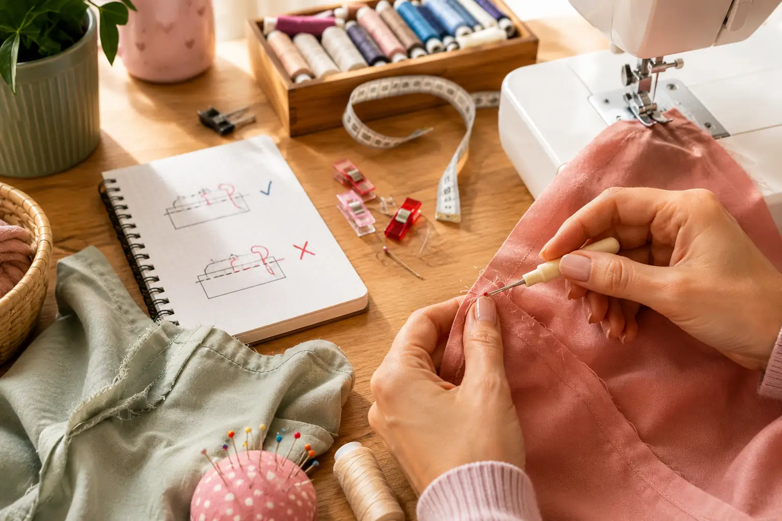 Couture ratée en cours de correction avec un découd-vite sur une machine à coudre dans un atelier lumineux coloré