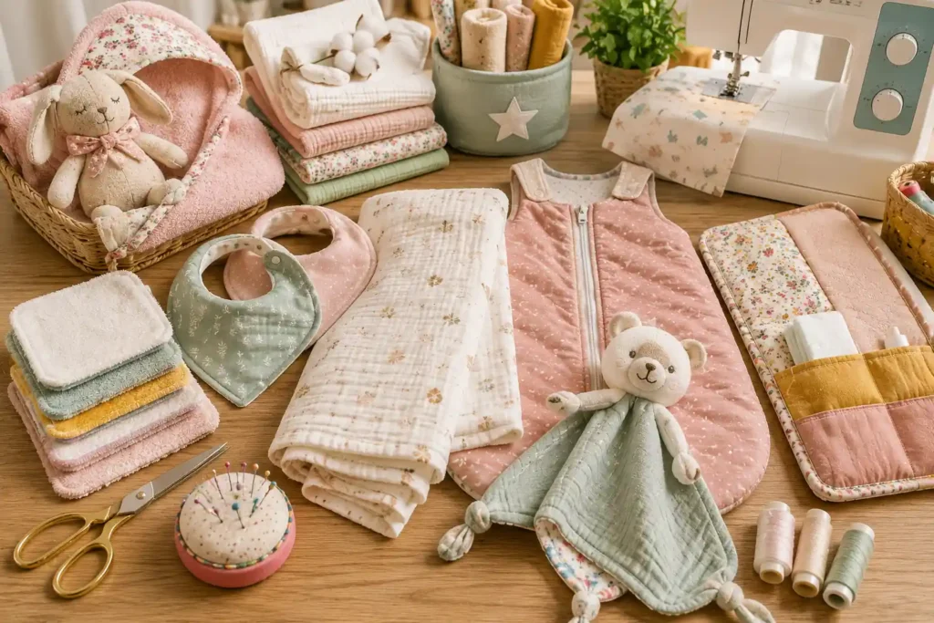 Atelier de couture bébé avec gigoteuse, bavoirs, lingettes lavables, lange, doudou et tissus doux colorés.