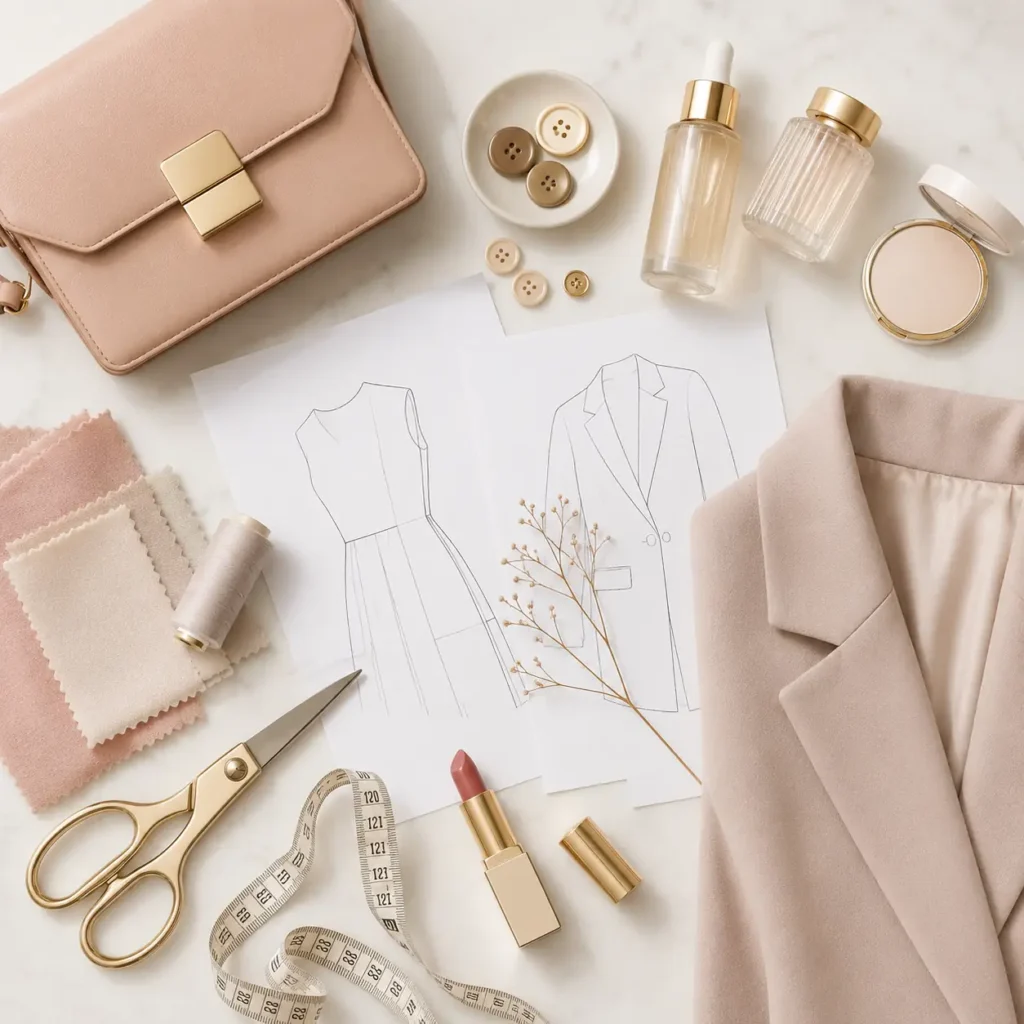 Flat lay moderne autour de la couture, de la mode et de la beauté avec croquis de vêtements, tissu, ciseaux, mètre ruban, sac et produits cosmétiques.