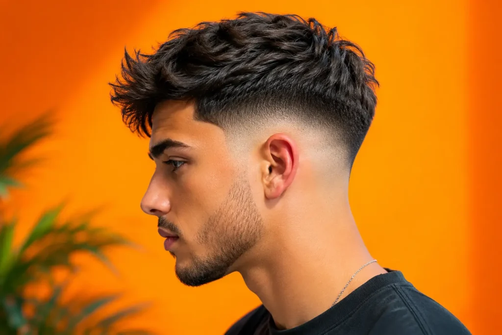 Homme de profil avec coupe taper nette et dégradé progressif sur fond orange vif moderne.