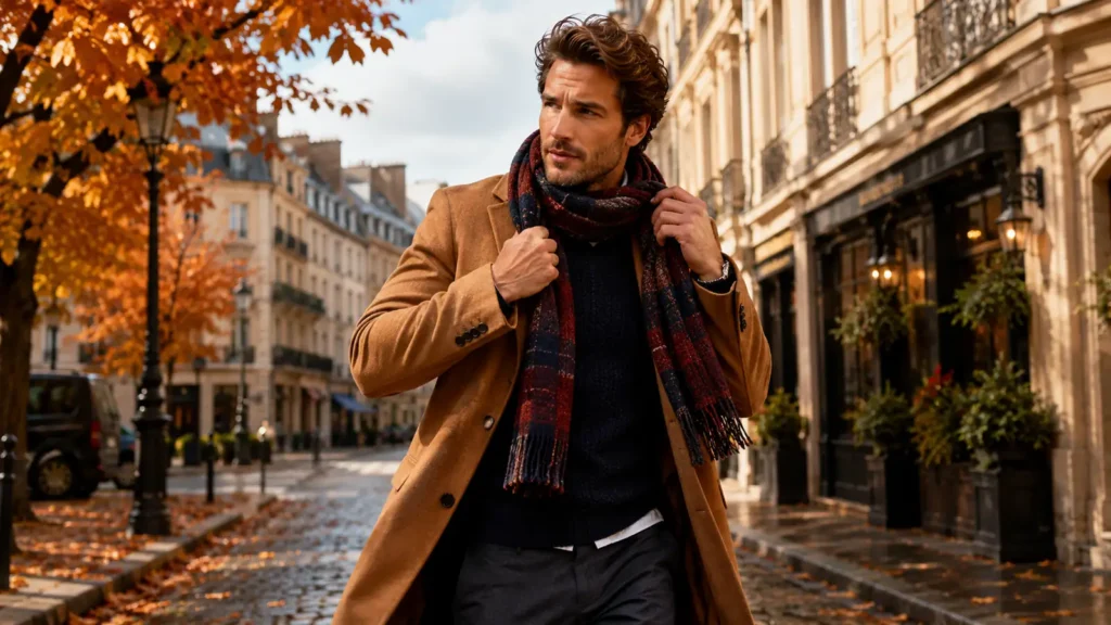 Homme élégant portant une écharpe avec un manteau camel dans une rue d’automne, look masculin chic et saisonnier.