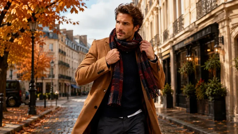 Homme élégant portant une écharpe avec un manteau camel dans une rue d’automne, look masculin chic et saisonnier.